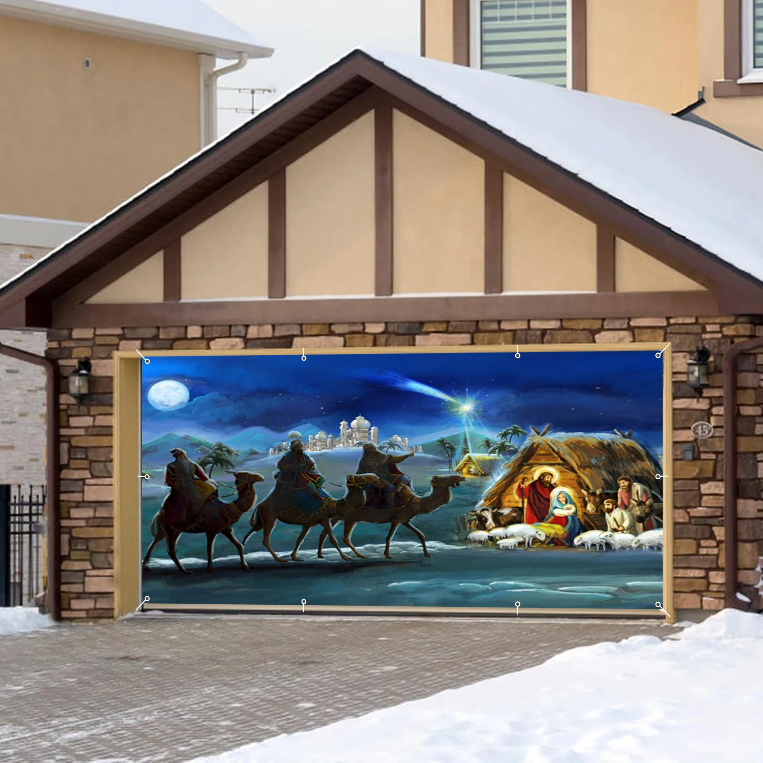 Christmas Birth of Jesus Garage Wall Background Christian Religion Horse Groove Scene Home Courtyard Decor Garage Door Frame