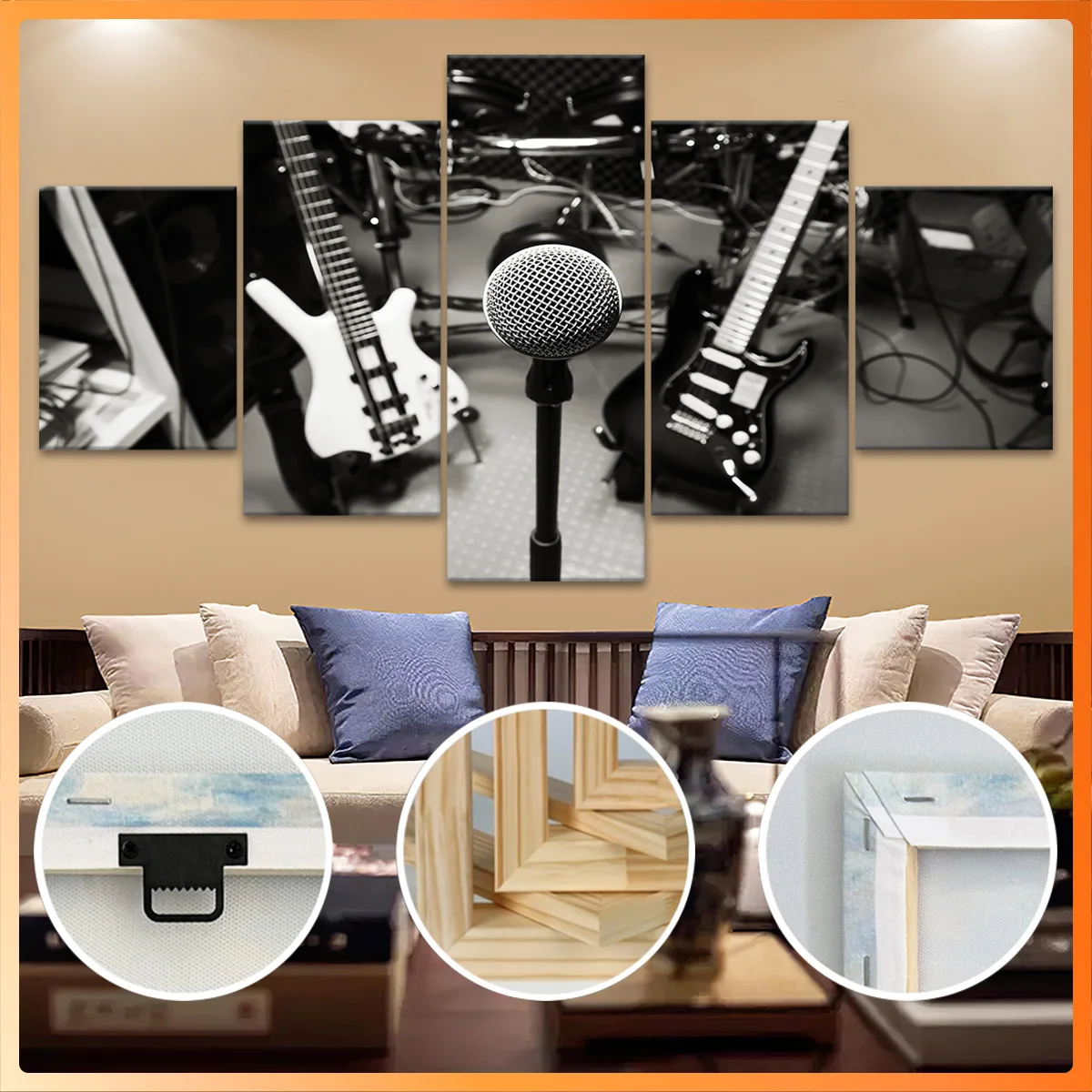 

5pcs Wooden Framed Canvas, Black White Music Studio, Fashion Poster, Art for Home Decoration, Pattern Wall Art