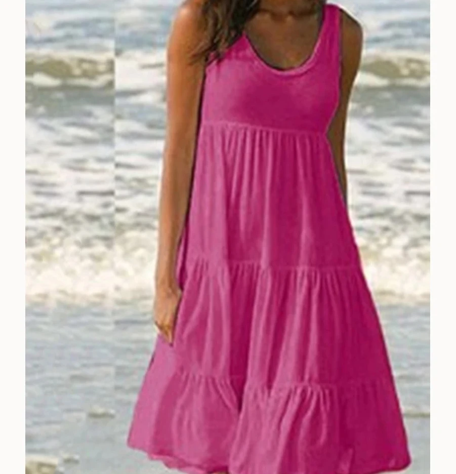 Minivestido sin mangas con volantes para mujer, vestido bohemio liso para playa, vestido suelto de gran tamaño para verano