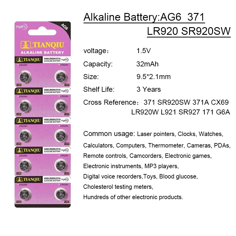 2-50 шт. AG6 1.5V щелочные кнопочные батарейки, совместимые с 371 SR920SW LR920 SR927 171 L921 LR69, подходят для часов и калькуляторов