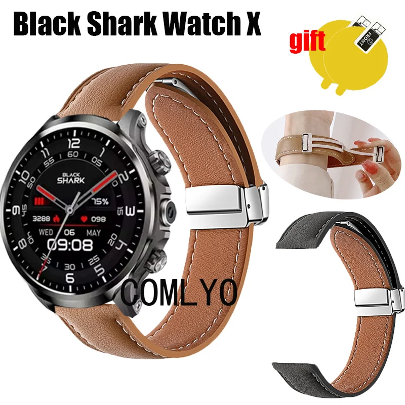 For Black Shark Watch X Strap Leather Genuine Folding Magnetic Buckle Soft Watch Women men Band Screen protector film