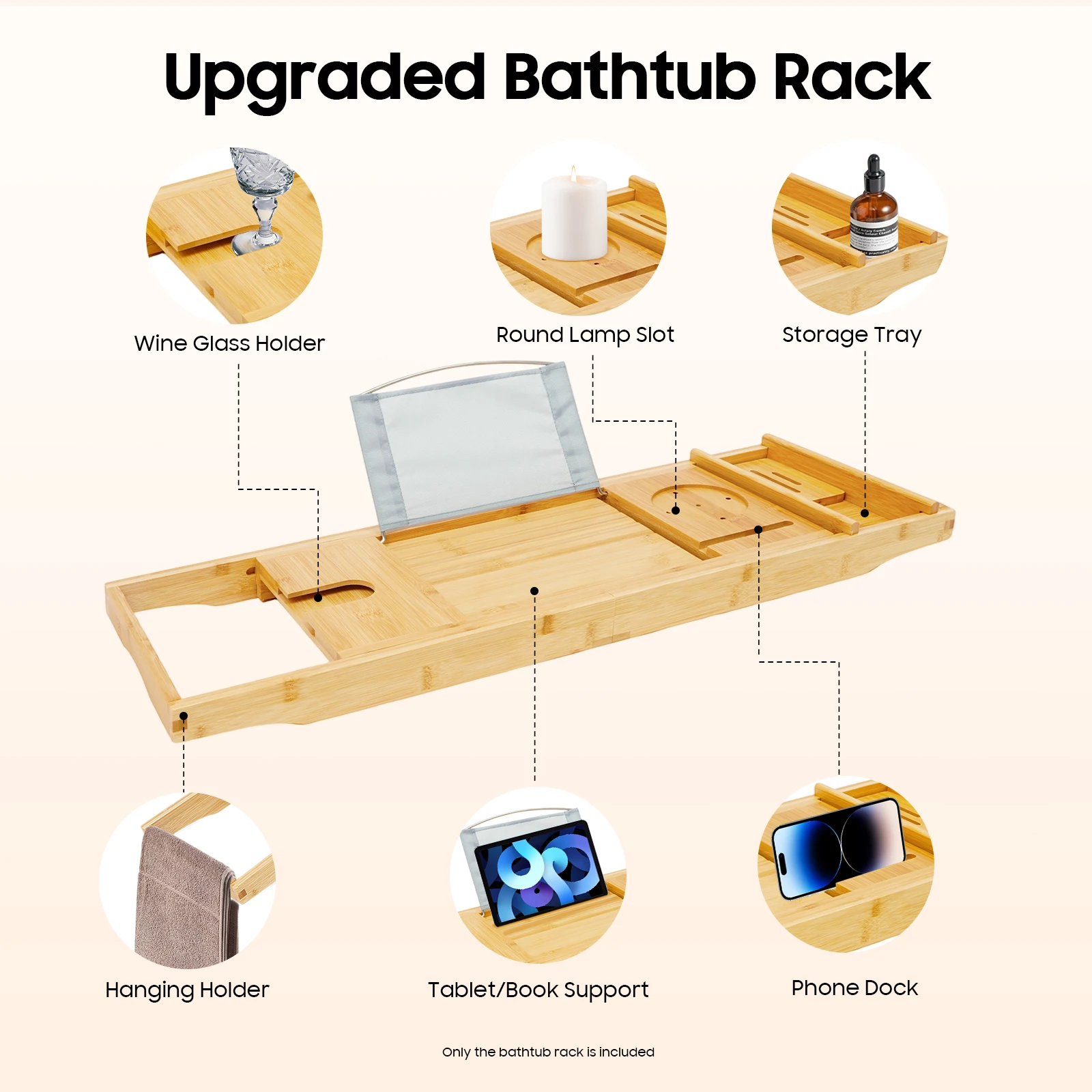 

Bamboo Bathtub Tray Expandable Bath Tray Retractable Bamboo Shelf for Hold Wine Glasses Cell Phones Tablets