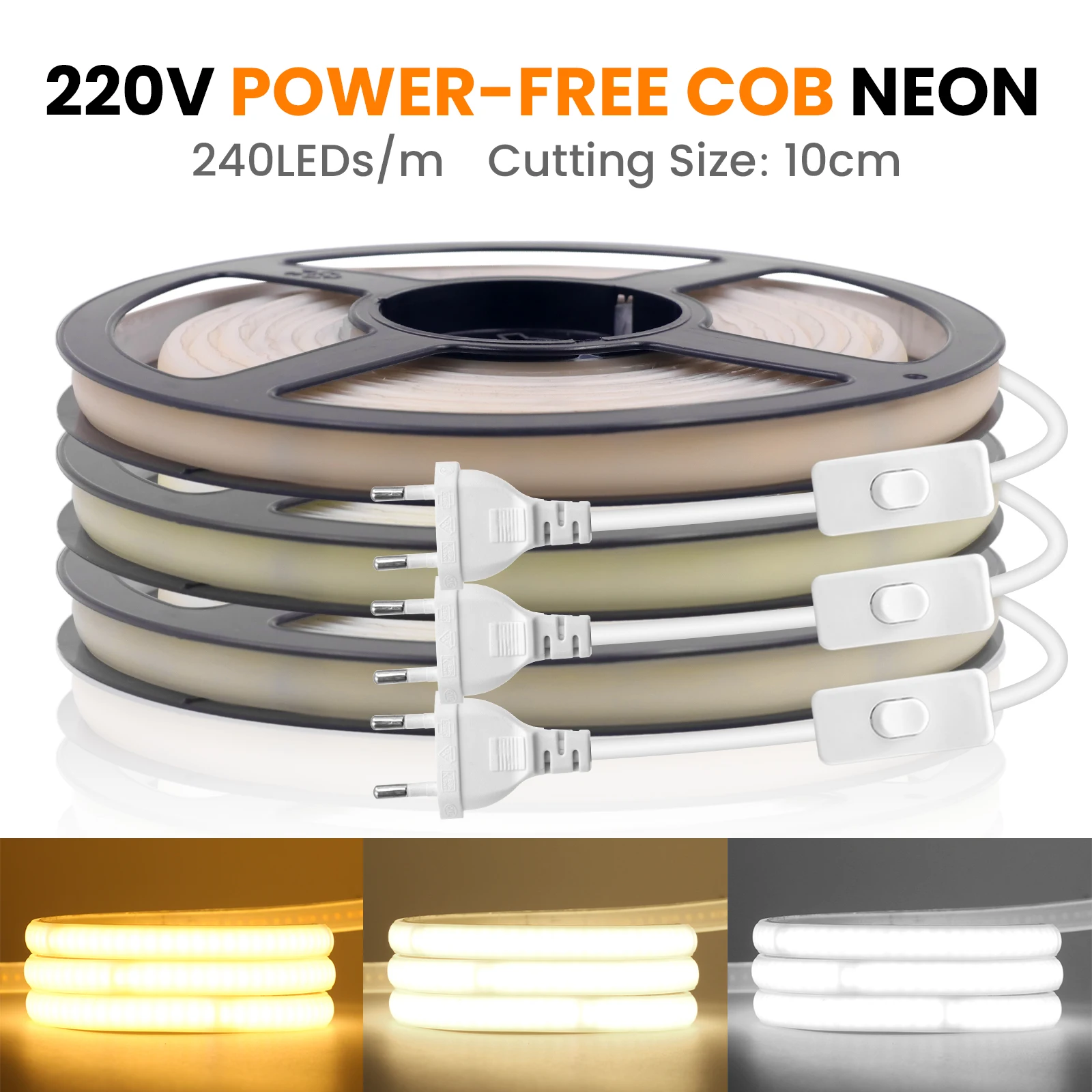 220V Led Strip High Brightness Waterproof COB LED Strip 240Leds/m Flexible Ribbon Tape for Room Kitchen Outdoor Garden Lighting