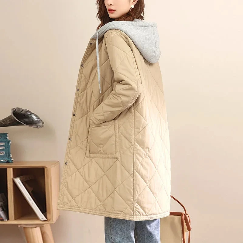 

2023 New Winter Coat Long Cotton Jacket Diamond Lattice Women Casual Quilted Cotton Coats Female Hooded Parka Overcoat Outerwear