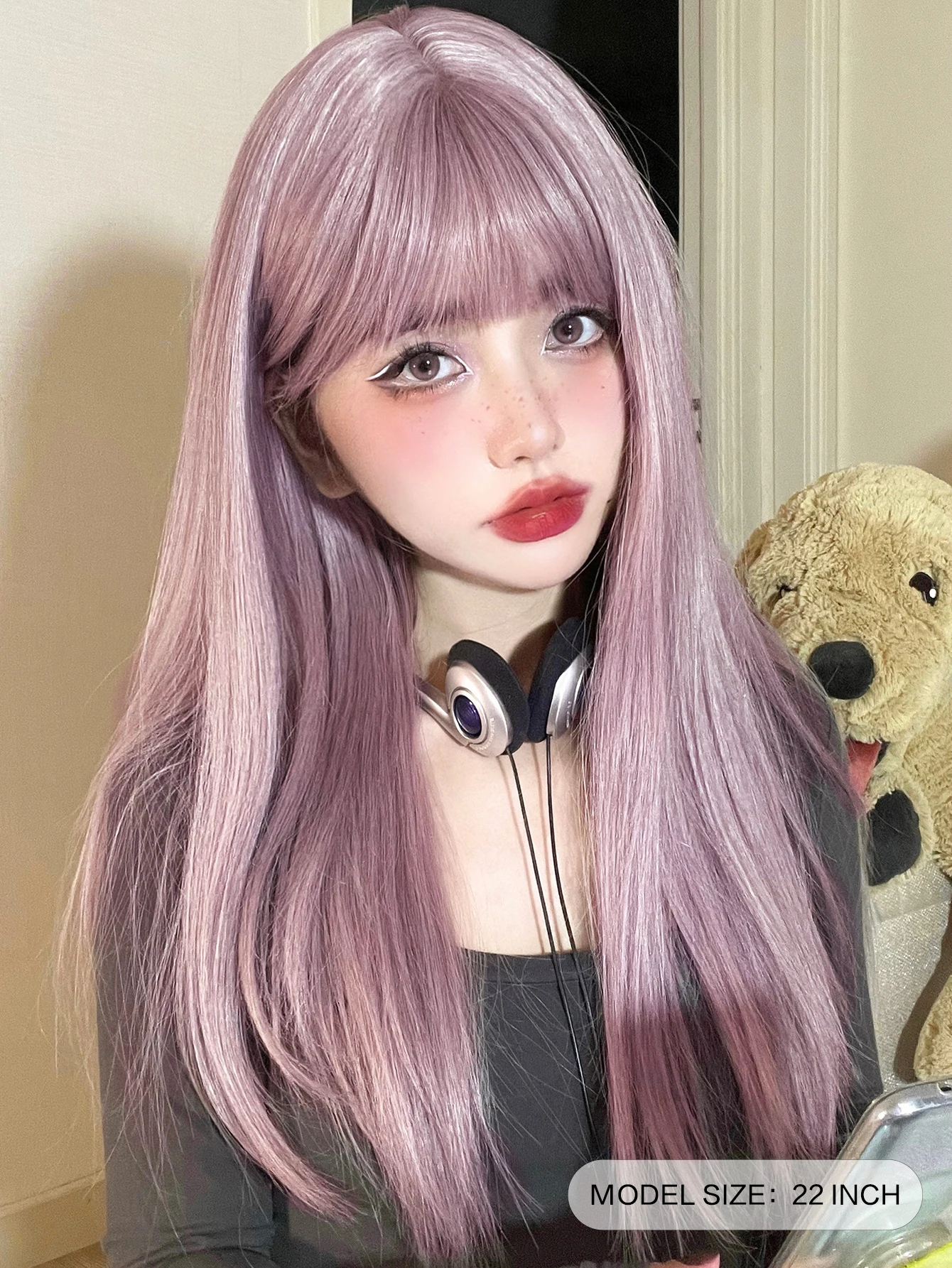 22Inch Pinky Light Purple Synthetic Wigs With Bang Long Natural Straight Hair Wig for Women Daily Use Cosplay Heat Resistant