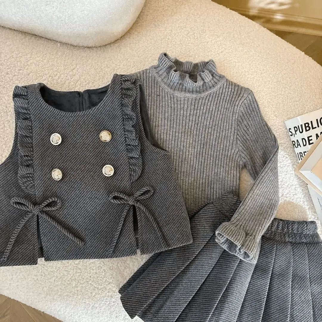 

Baby Girls' Autumn and Winter Suit 2025 New Style Knitted Fashion and Beautiful Clothes Skirt Kids Outwear Three Piece Set
