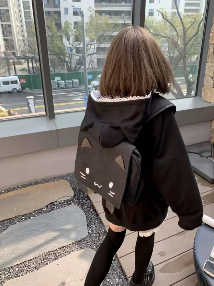 HOUZHOU Słodkie Kawaii Czarne Bluzy Damskie w Kratę w Japońskim Stylu Y2k z Uroczymi Kocimi Uszkami, Nadrukiem z Kreskówki, Zapinane na Zamek, Luźne Bluzy z Kapturem