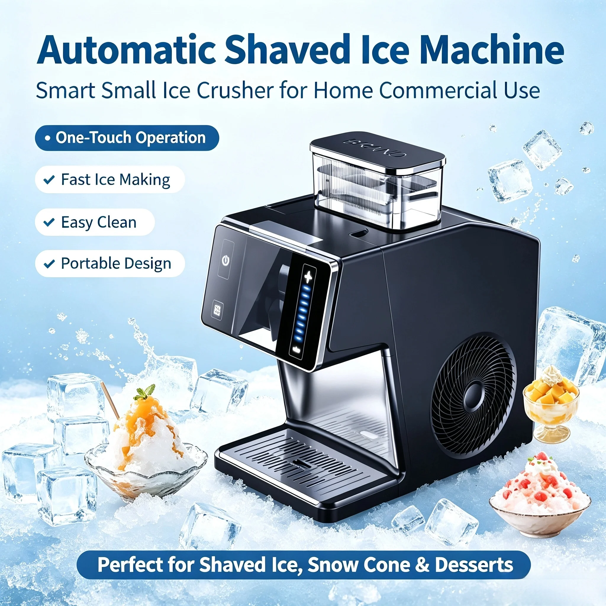 Portable Automatic Shaved Ice Machine Smart Small Ice Crusher for Home Commercial Dessert Ice Making