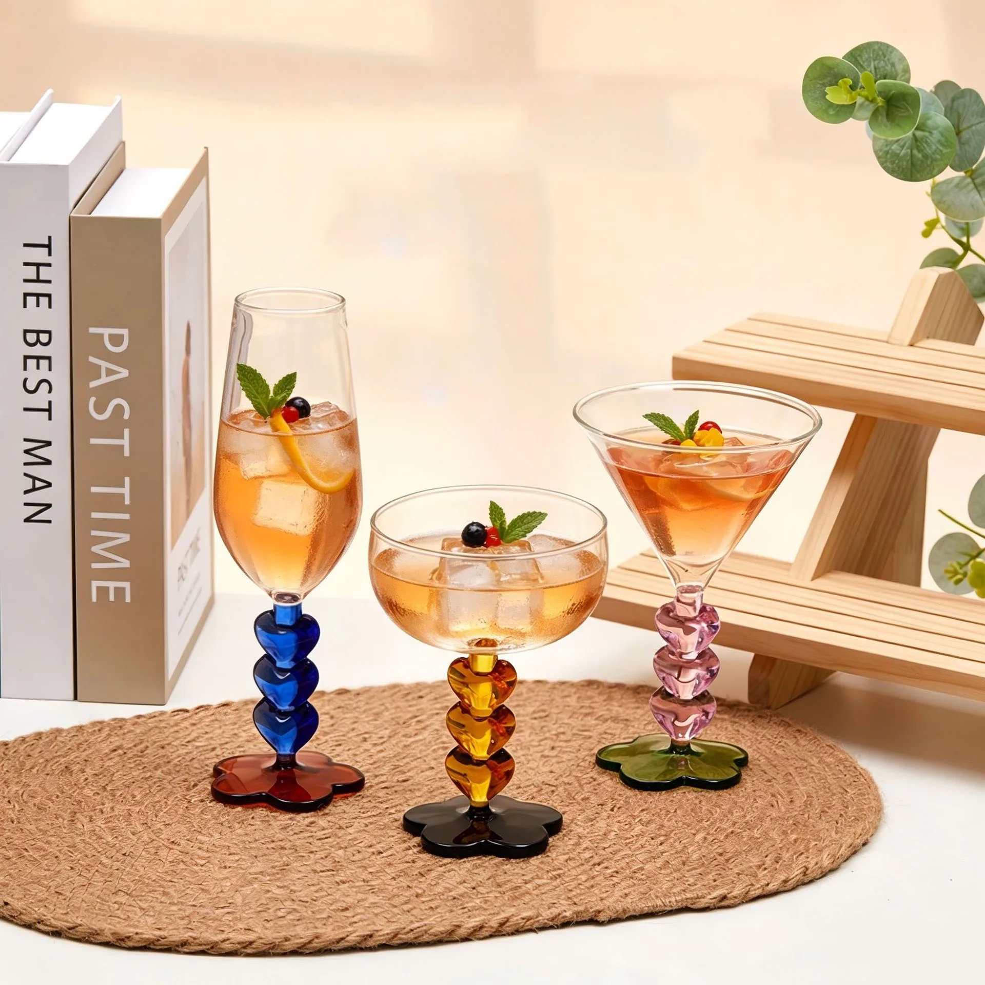 Heart Handle Stem Cocktail Glass Ins Style Simple Home Wine Glasses Drink Cups Contrast Color Wine Champagne Goblets