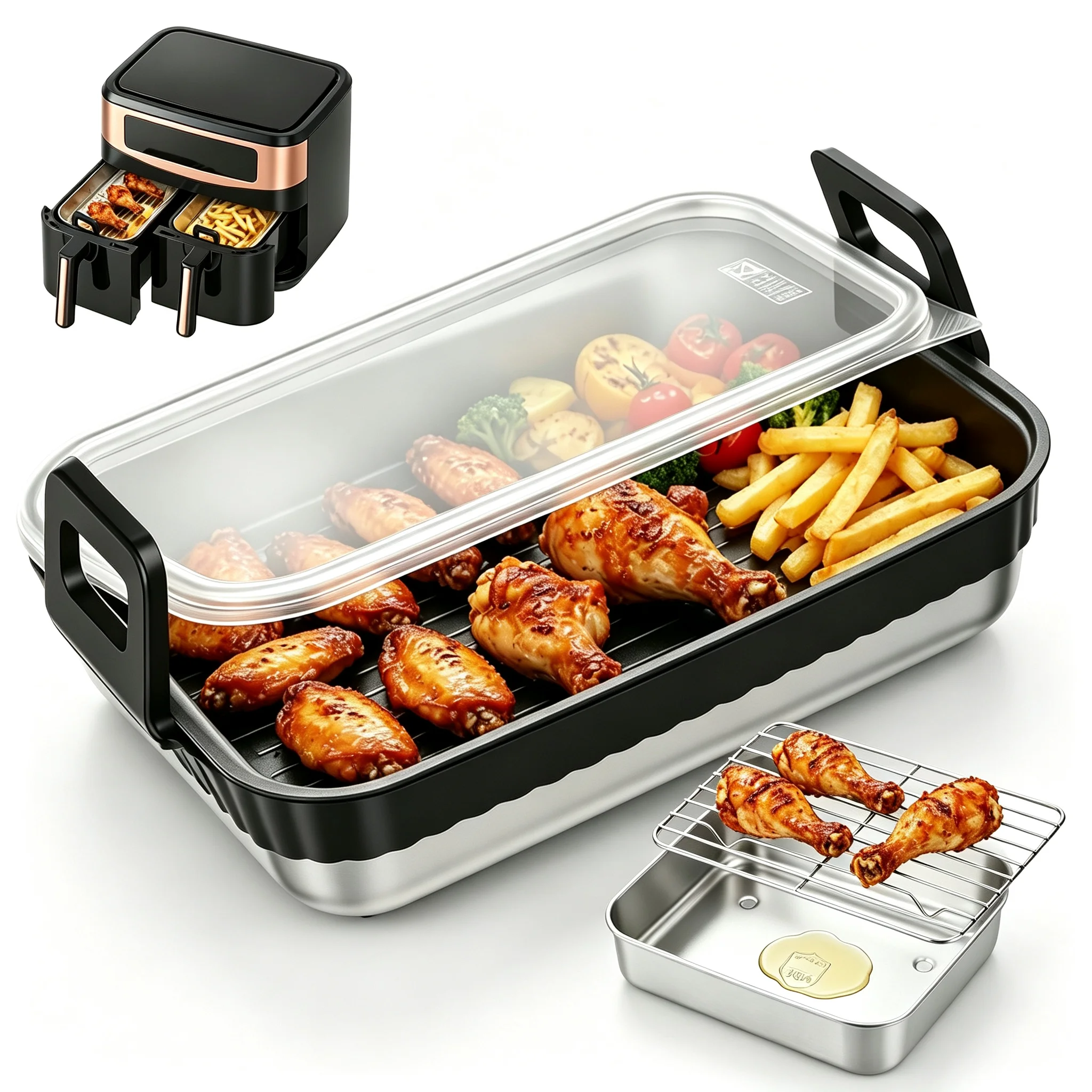 Stainless Steel Baking Pan with Drain Rack Air Fryer Liner with Handle Roasting Tray for Baking Cook Oven Air Fryer Accessories