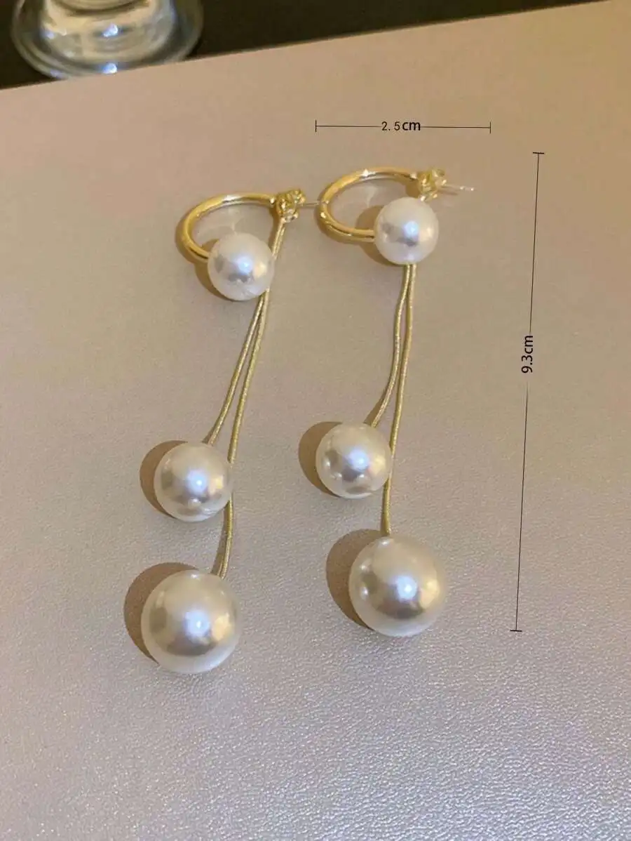 

Pearl Drop Earrings With Three White Pearls Gold Tone Fashion Jewelry