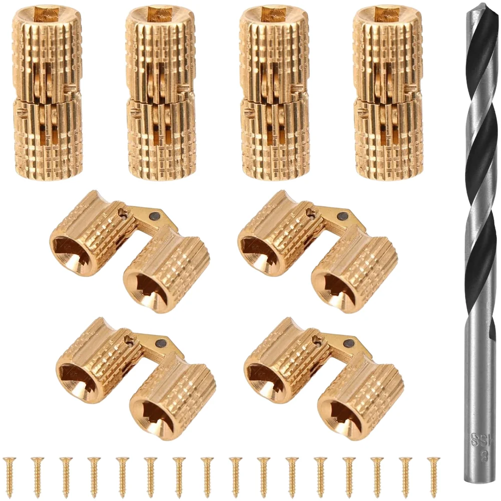 8mm Brass Cylinder Concealed Hinge With Drill Bit, 180° Opening Stainless Steel Cabinet Hardware Invisible Cabinet Hinge