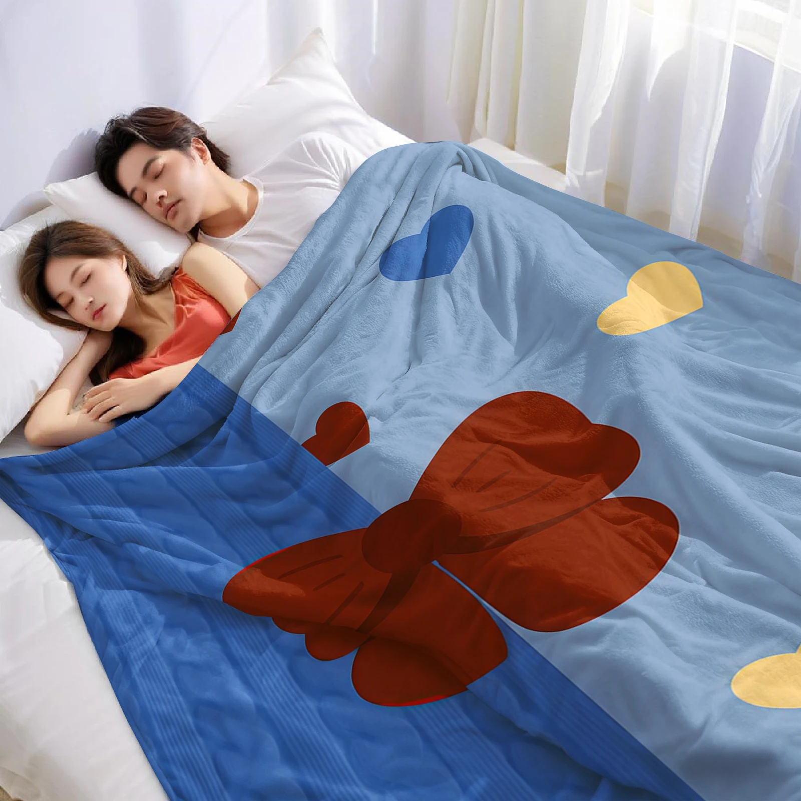Cable Knit Bow Heart Cartoon Anime Print Flannel Blanket Soft Warm Throw for Kids Bedroom Sofa Bed Christmas Office Car