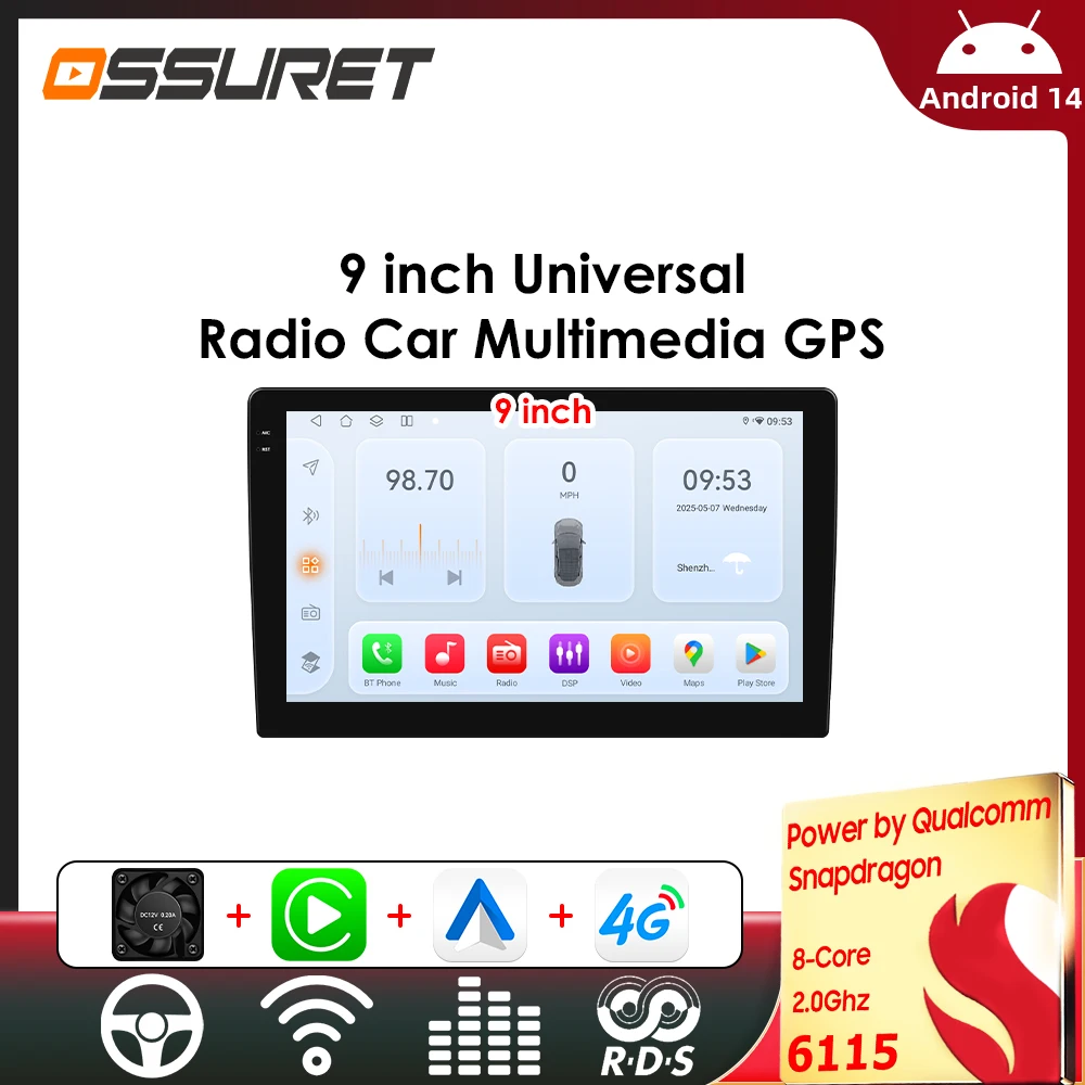 Autoradio 9 pouces par Snapdragon 6115 Android 14 lecteur multimédia de voiture universel Auto sans fil Carplay 2din GPS Audio Intelligent