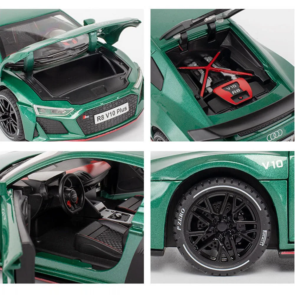 1:24 AUDI R8 V10 PLUS Samochody Zabawki Model Gumowe Opony Miniaturowe Samochody Sportowe Koło Pociągnij Modele Pojazdów dla Dzieci Kolekcja Prezenty