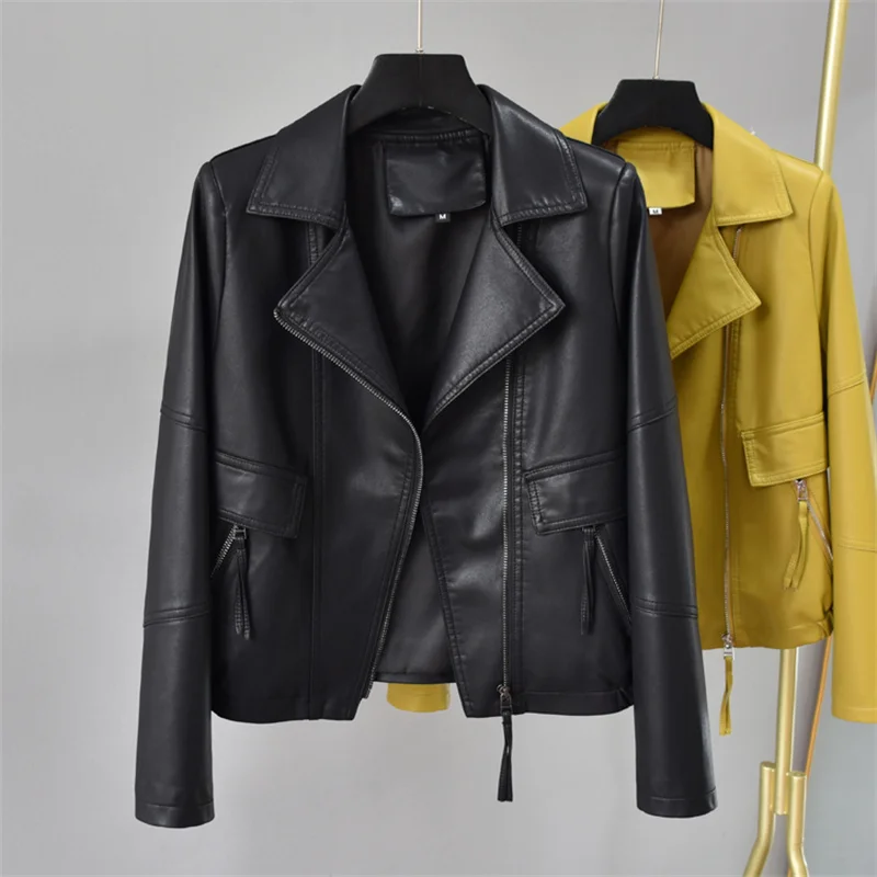 Spring Autumn Women Short Faux Leather Jacket Yellow Beige Black Coat Suit Collar Long Sleeve Female Biker Coat Jaqueta Feminina