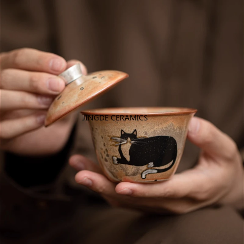 

1 шт., керамическая миска, чайная миска ручной работы с изображением кота, бытовая чайная чашка для питья, миска с крышкой в китайском стиле, чайный сервиз, принадлежности