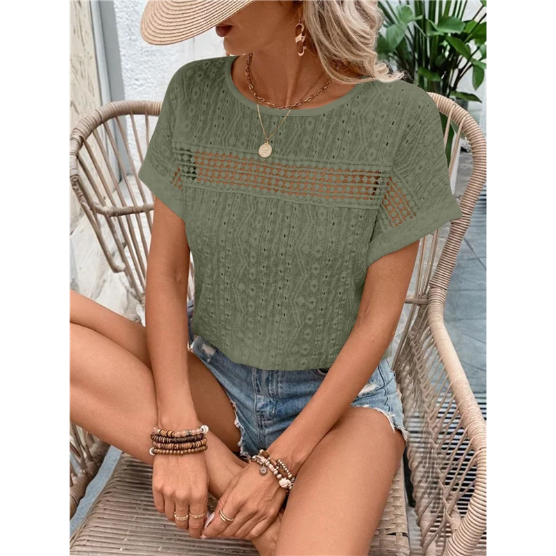 【SEE】Top da donna Casual Scollo rotondo Manica corta Ricamato in pizzo Camicie scavate Tunica ampia Camicette Boho in maglia