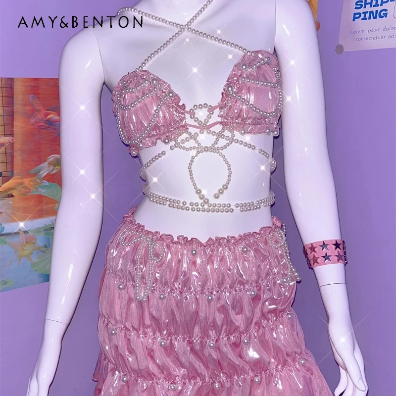 

European American Pink Y2K Hot Girl Subculture Pearl Waist Chain Bow Women's Sling New Sweet Cool Sexy Short Skirt Set Ladies