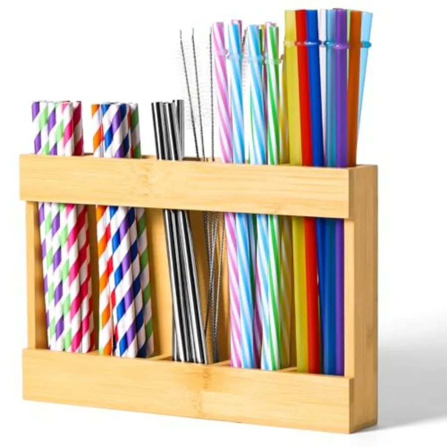 

Bamboo Straw Holder for Cabinet Door Adhesive Straw Dispenser Organizer Wooden Hanging Reusable Straw Storage