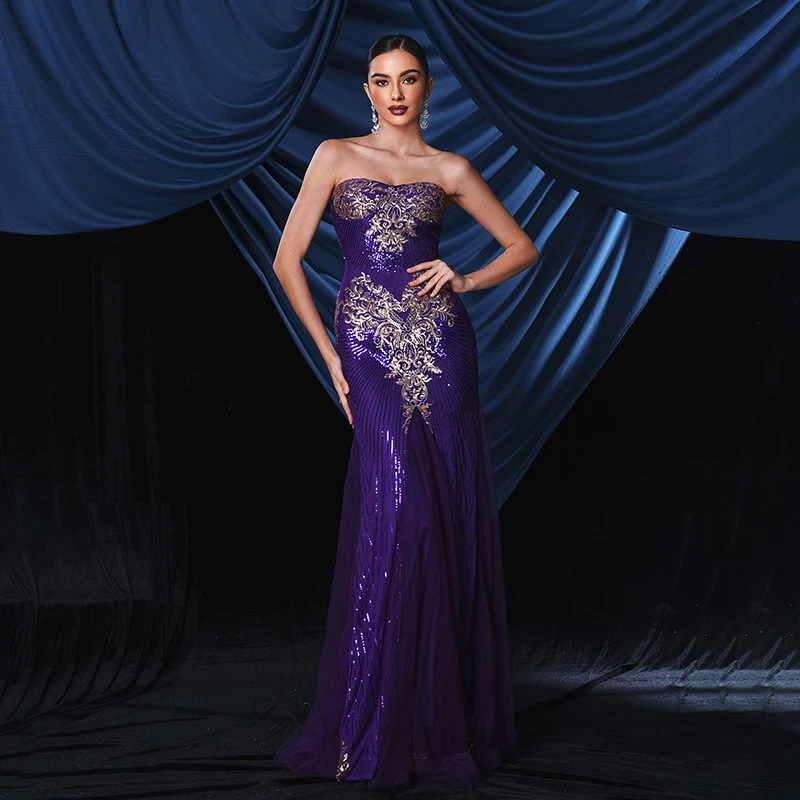 

2024 Summer Clothing Women Elegant Strapless Purple Sequin Backless Wedding Bridesmaid Cocktail Prom Evening Party Long Dresses