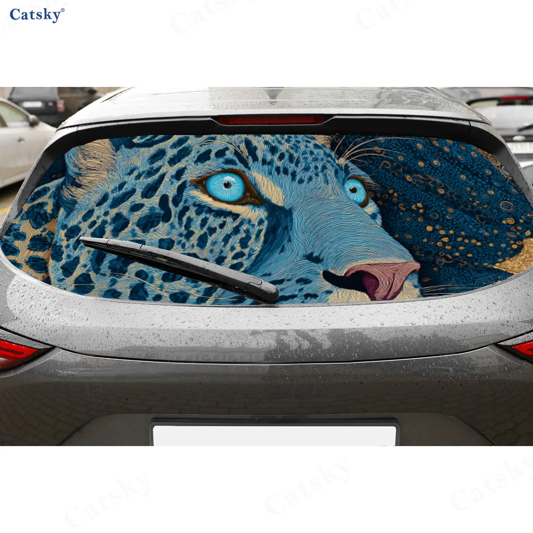 

Wild Leopard with Blue Eyes PVC Perforated Car Vinyl Wraps, Durable Car Rear Windshield Sticker, Waterproof Car Rear Window Deca