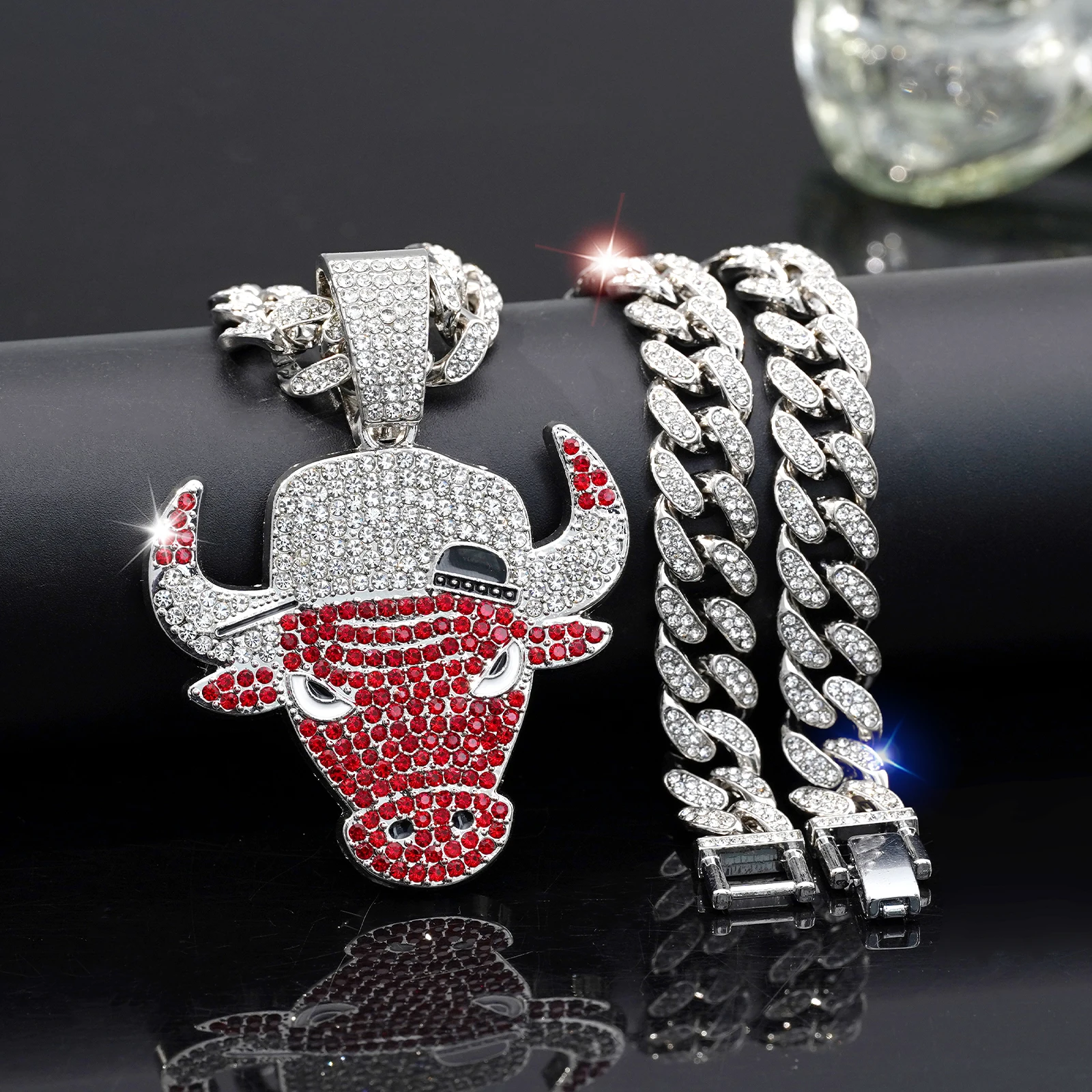 Red Bull Big Pendant Necklace, Hip Hop Cuban Link Chain