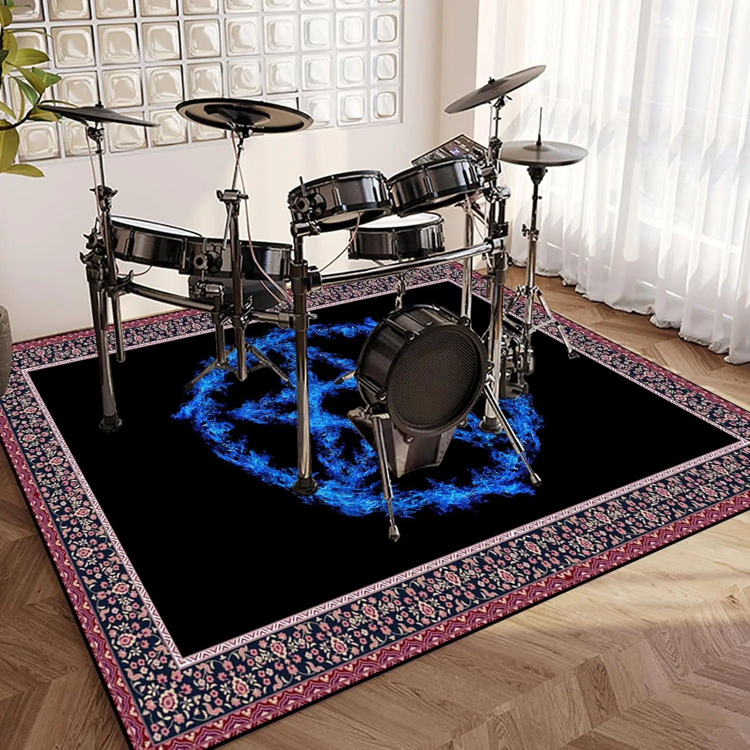 Mystical Blue Pentagram Rug, Vintage Music Emblem Carpet with Decorative Border, Non-Slip Floor Mat for Room, Gothic Decor