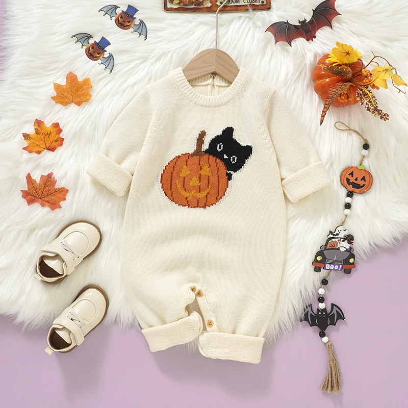 Niedlicher Kürbis-Strick-Halloween-Kleidung für Neugeborene, Rundhalsausschnitt, lange Ärmel, für Jungen und Mädchen, Langarm-Strampler, Overalls, 0–18 Monate