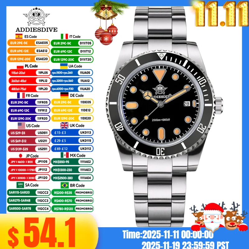 

ADDIESDIVE 39MM Reloj Men luxury Watch BGW9 Blue Luminous Date 316L Stainless Steel 20Bar Diving Quartz Watches reloj hombre