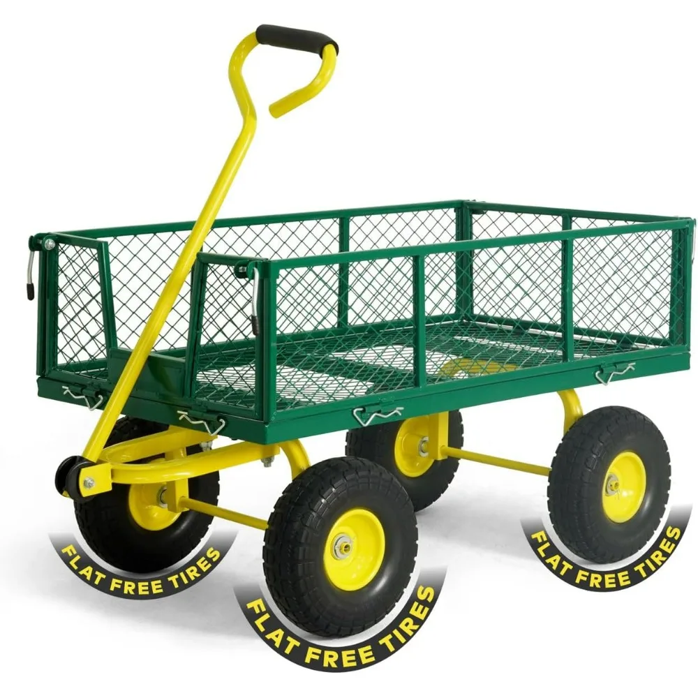 

Metal Green Garden Cart, W/ 180° Adjustable Yellow Handle, W/Mat And Strap, Heavy Duty 880 Lbs Capacity, W/ 10” Flat-Fre