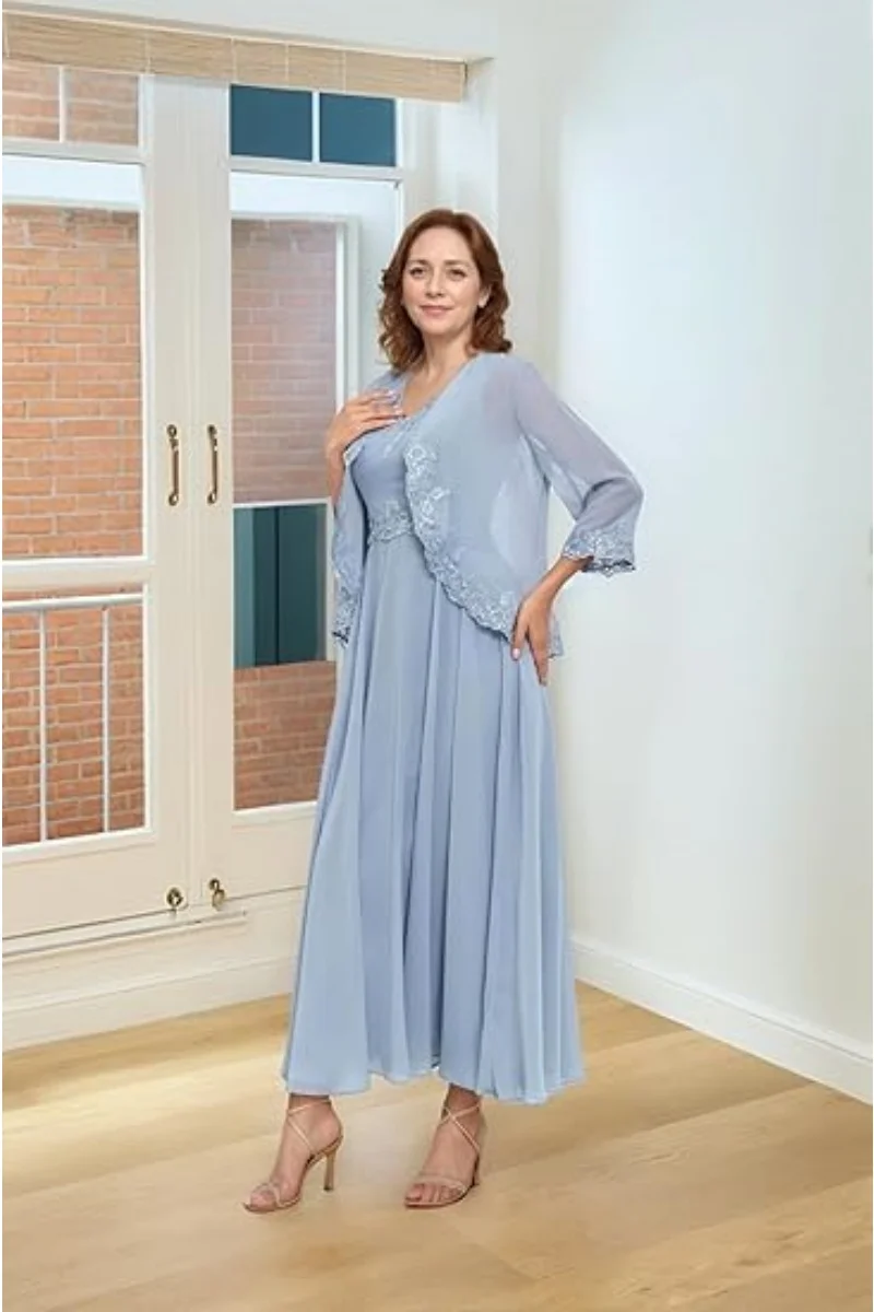 2 Pieces Mother of The Bride Dresses with Jacket Sequins Lace Chiffon Formal Evening Wedding Guest Dress