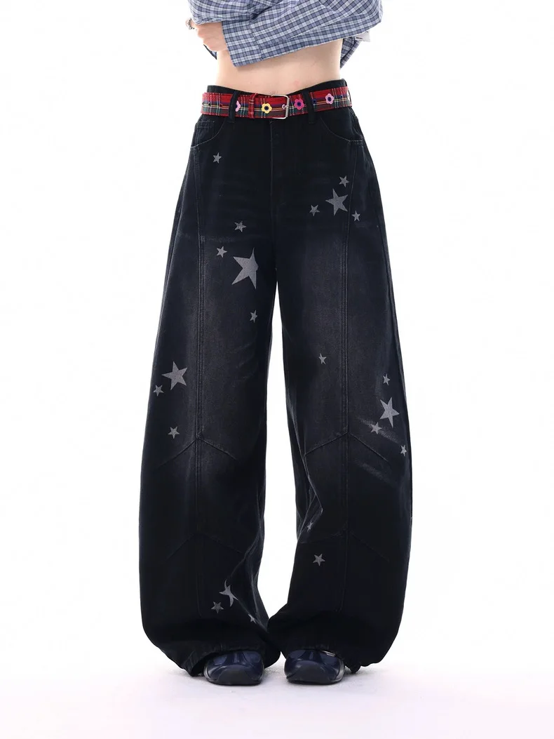 

Y2K широкие джинсы женские звездный принт американский ретро изогнутый нож утягивающие брюки-поло
