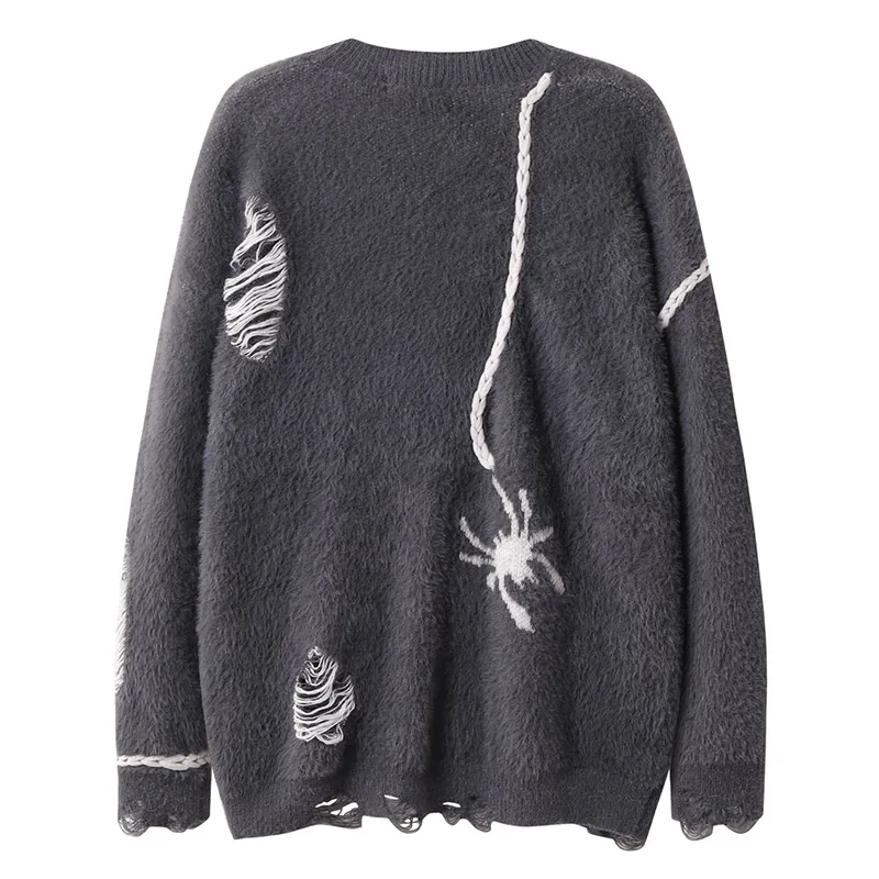 Aolamegs Y2K Men High Street Cardigan Spider Jacquard Loose Knitted Sweater Distressed Ripped Hip Hop Streetwear Knitwear Unisex