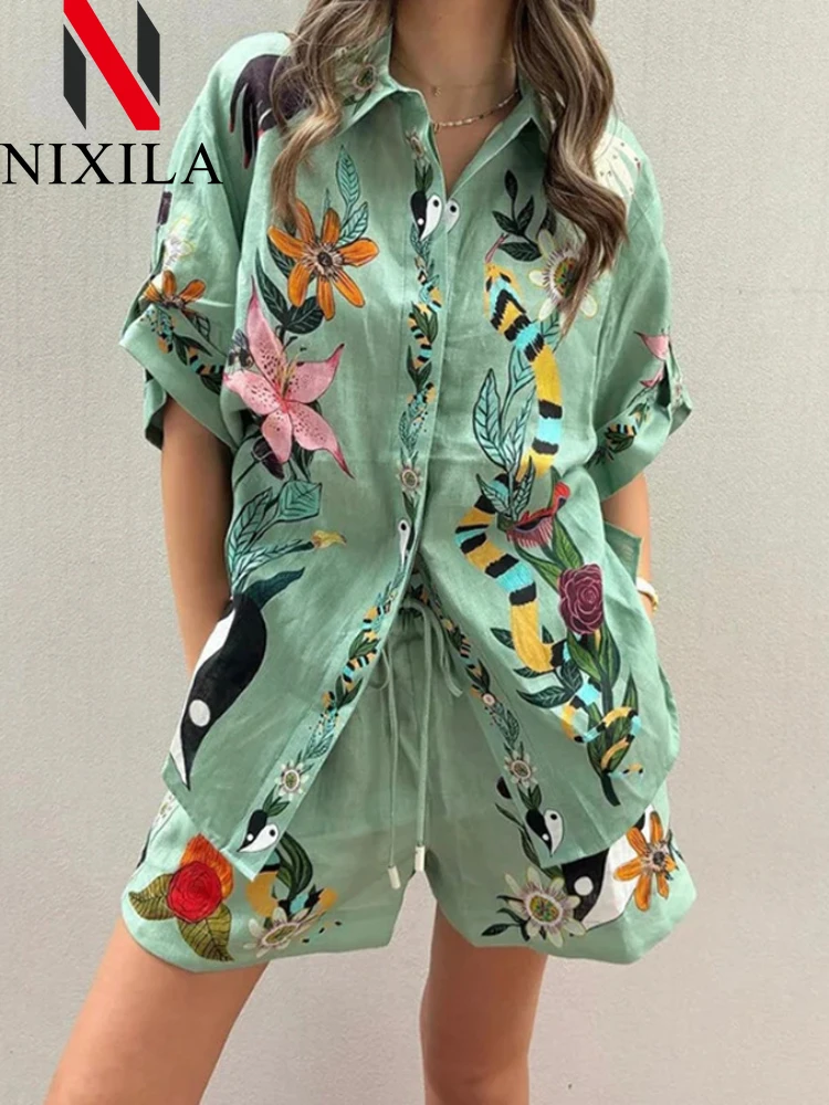 Summer Casual Two Piece Short Sets Women Print Short Sleeve Oversized Shirts and Shorts 2 Piece Set Office Shirts Suit Outfites