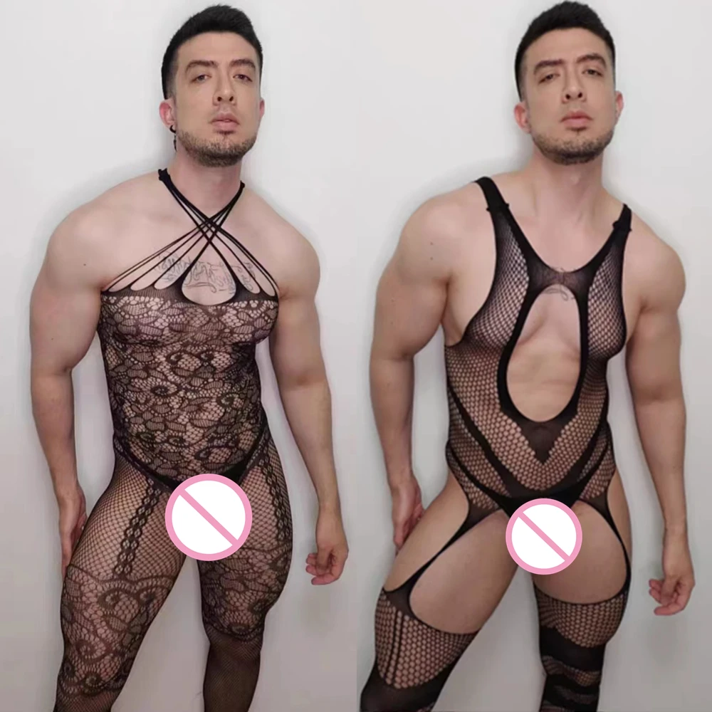 

Mens Sexy Hollow Out Fishnet Full Bodysuits Sissy Jumpsuit Bodystocking Sexy Lingerie Male See Through Underwear Gays Bodysuit