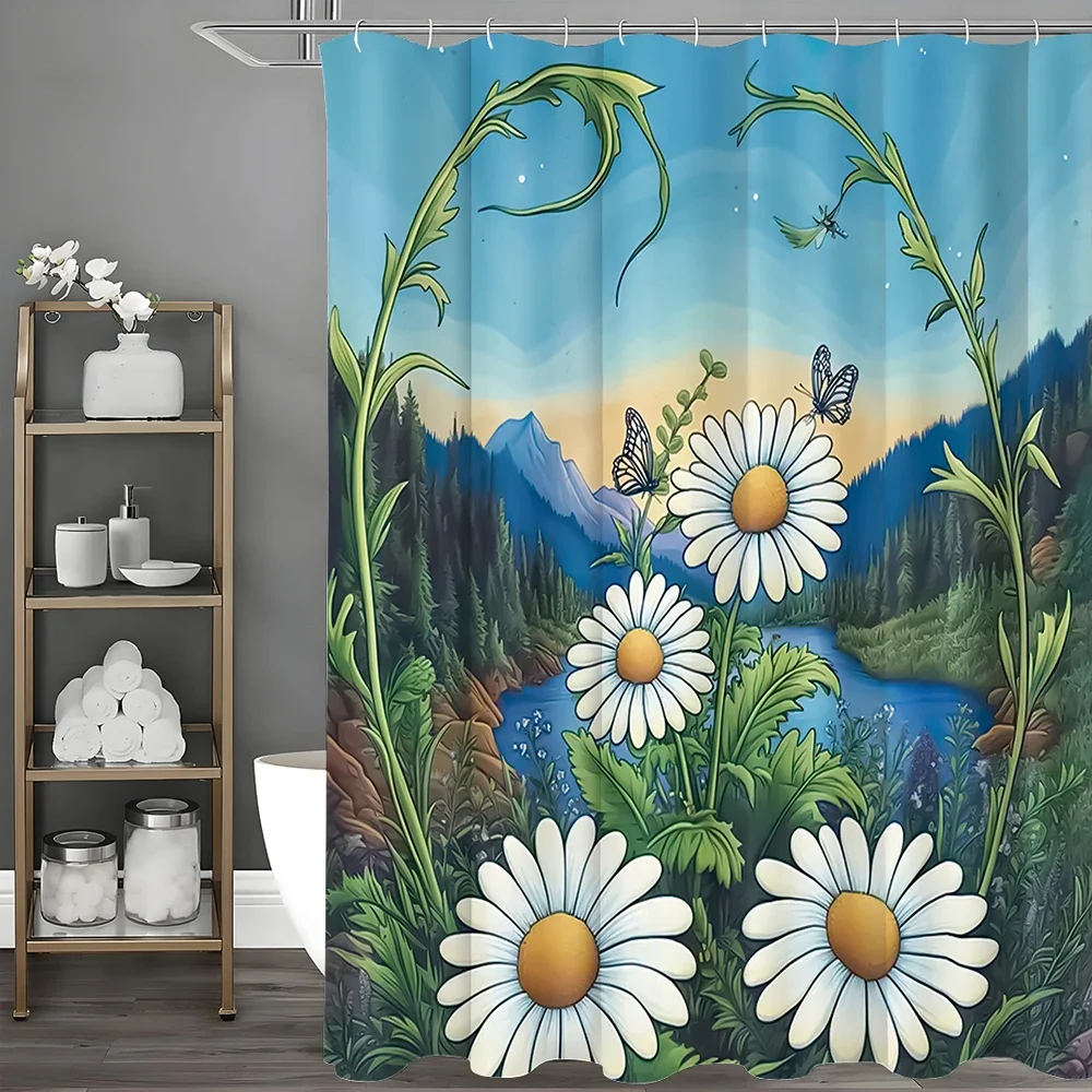 

White Flower Butterfly Scenic Shower Curtain, Bathroom Decorative Shower Curtain, Waterproof Shower Curtain with Hooks