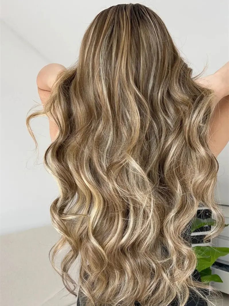 يوميا 13x4 أومبير براون شقراء الاصطناعية HD الدانتيل شعر مستعار أمامي 30 بوصة سوبر طويل الجسم موجة شعر مستعار جودة عالية ألياف مقاومة للحرارة شعر مستعار #3