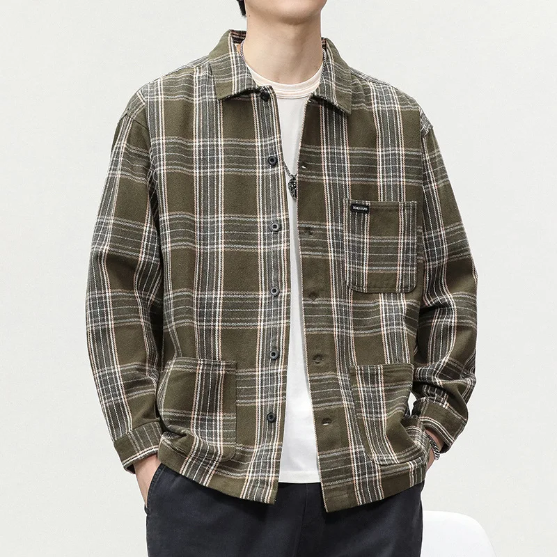 Spring and autumn new Japanese fashion brand retro heavy wash coat trend with loose plaid long-sleeved shirt