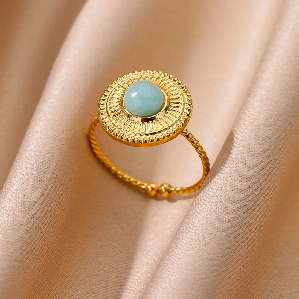 Gold Farbe Edelstahl Shell Ringe Für Frauen Vintage Oval Blau Stein Einstellbare Ring Fashion Party Schmuck Jahrestag Geschenk