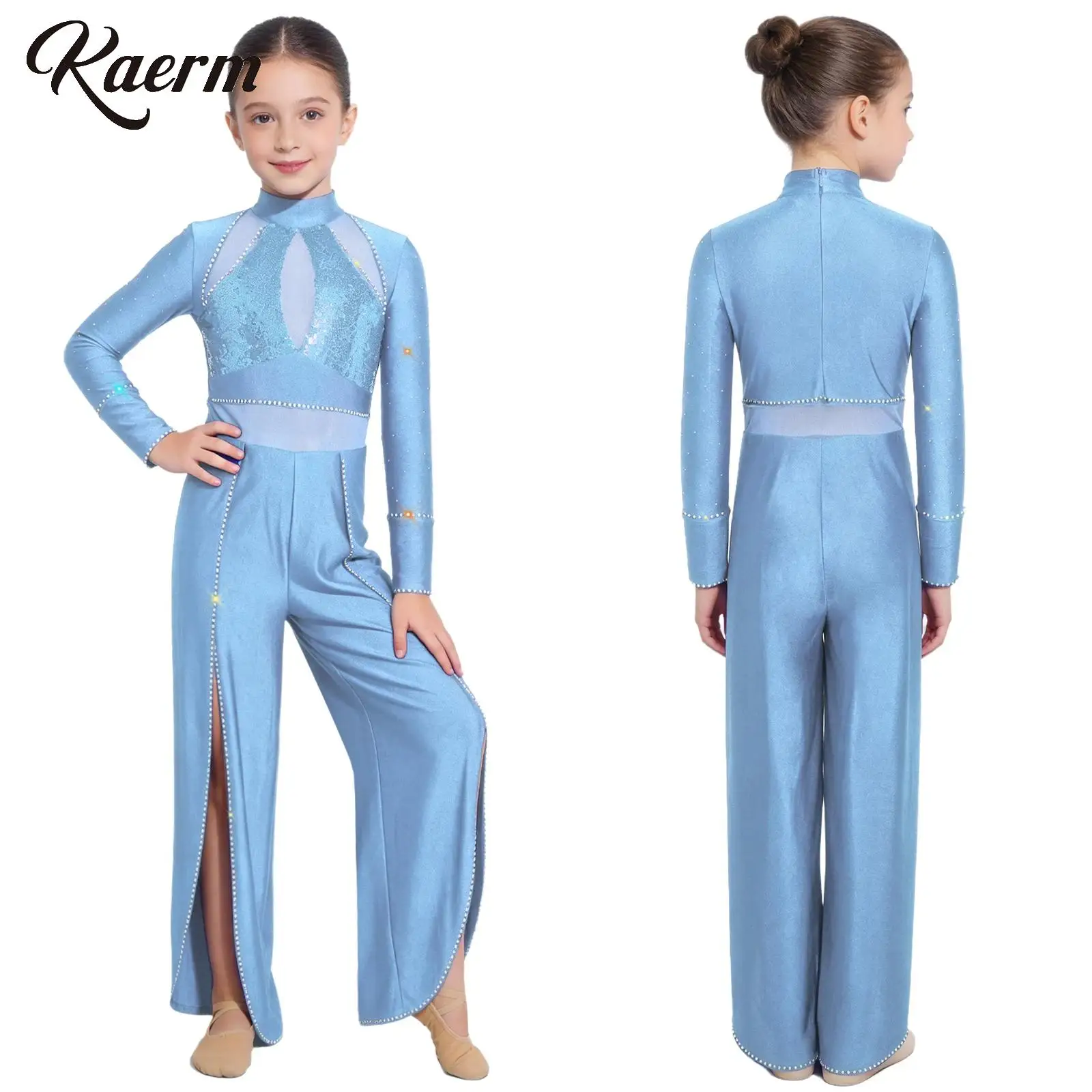 

Girls Ballet Modern Lyrical Dance Performance Unitards Bodysuit Rhinestones Gymnastics Jumpsuit Sequin Mesh Split Wide Leg Pants