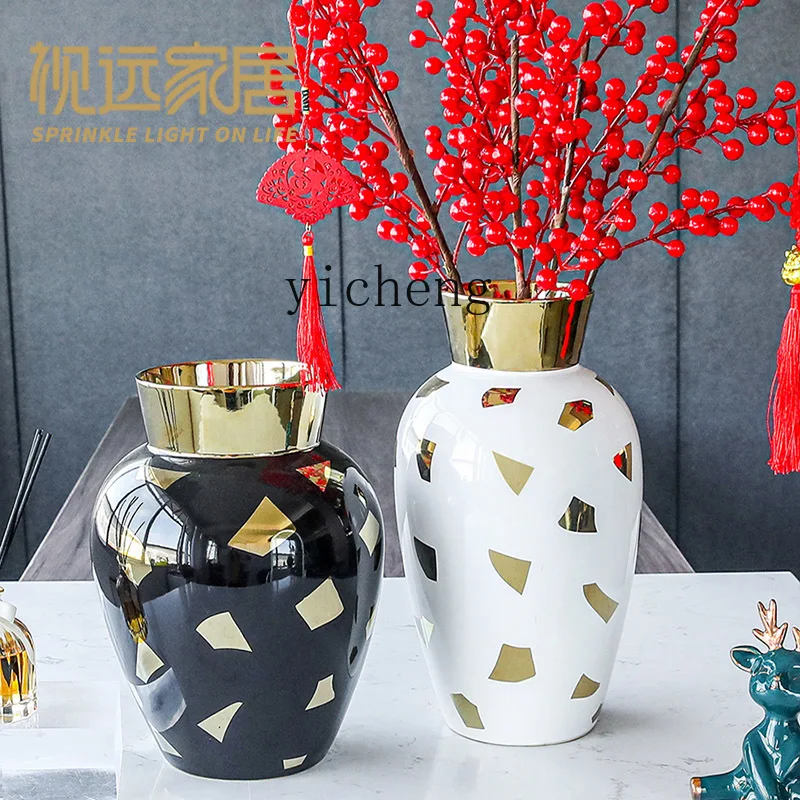 

ZK Modern Light Luxury Ceramic Vase Simple Living Room Flower Arrangement Ornament Creative Ins Style Fortune Fruit Fake Flower