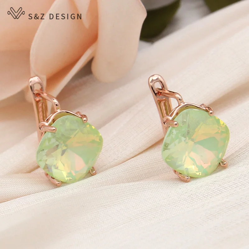 S&Z DESIGN New Fashion Square Colorful Crystal Drop Earring For Women 585 Rose Gold Color Wedding Jewelry