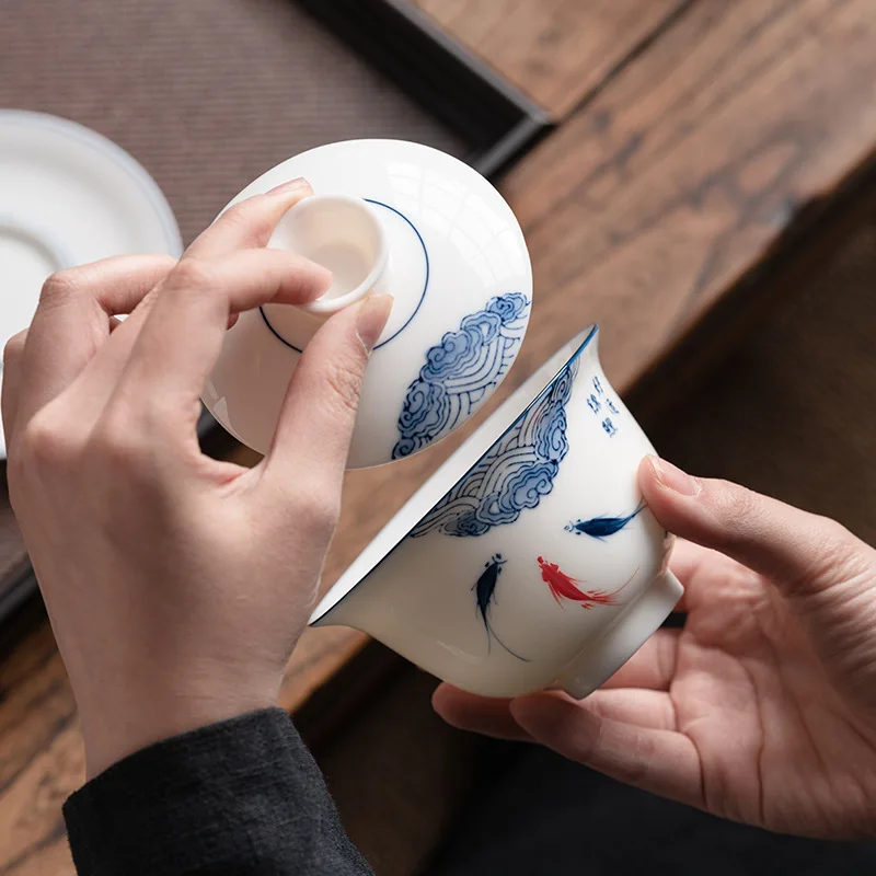 Loiesag Hover Hand Painted Lamb Fat Jade Cover Bowl Sancai Gaiwan Drink Tea Cup Kung Fu Tea Set Tea Cup Suspension Tea Bowl