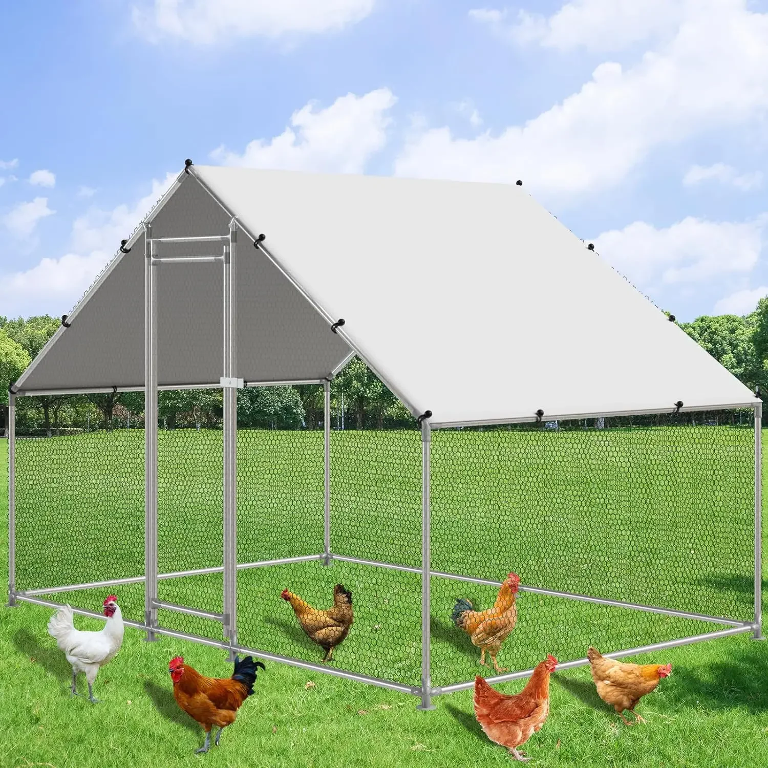 Metal Chicken Coop Walk-in Poultry Cage Hen Duck Run House with Waterproof & Anti-UV Cover Galvanized Rabbits Habitat Spire Cage