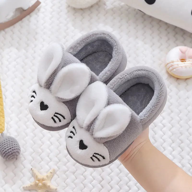

Хлопковые детские тапочки с кроликом, Осень-зима, теплая пушистая обувь из ПВХ, нескользящая детская обувь, износостойкая пушистая обувь