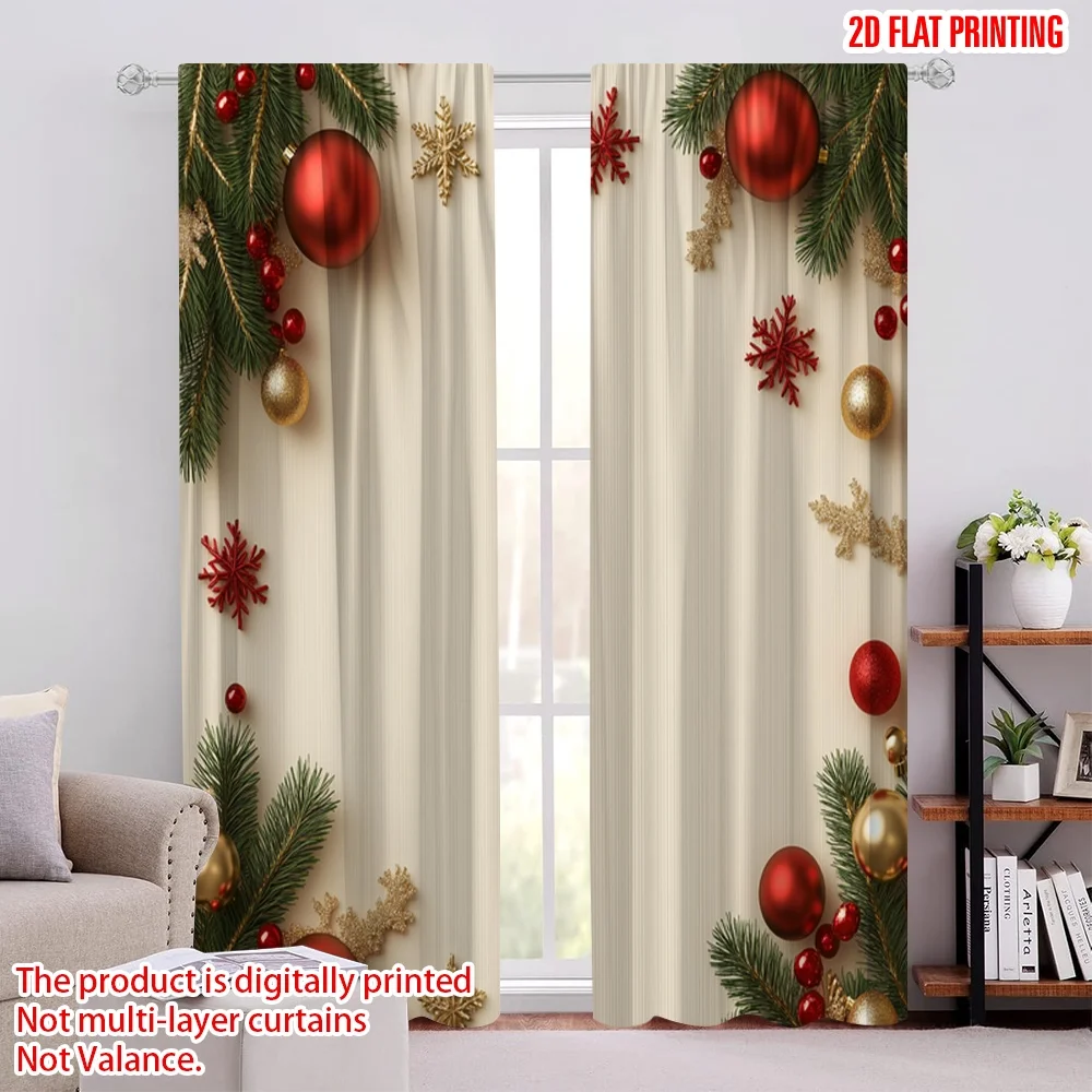 2pcs,2D plane printing Curtains Christmas Balls Pine Snowflakes (3) Polyester Woven (without rod) Decorations Outdoor Perfect