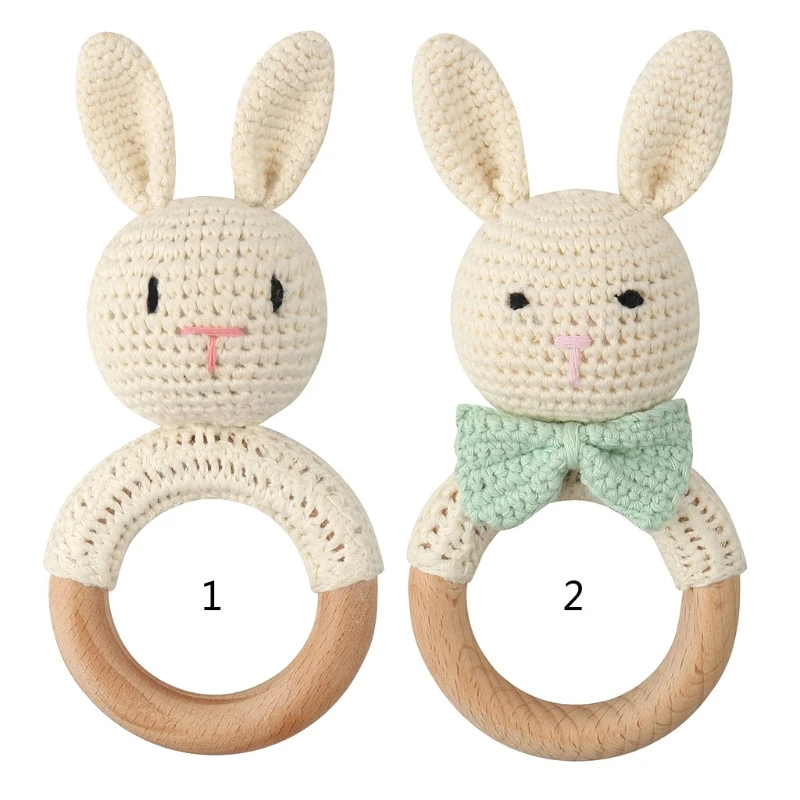 Baby Teether Wooden Ring Handmade BPA Free Chewing Teething Cotton Thread Crochet Animal Rattle Knitted Hand