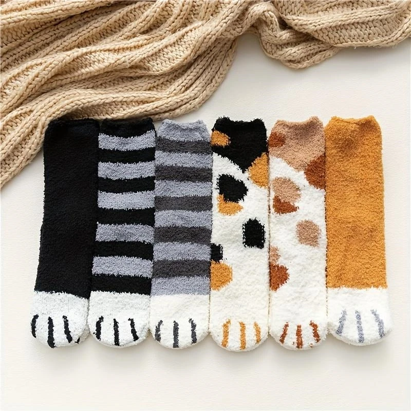 

1/6 Pairs Women's Autumn Winter Thick Warm Cat Paw Pattern Mid Tube Socks Comfortable Sweat Absorbing Coral Fleece Casual Socks