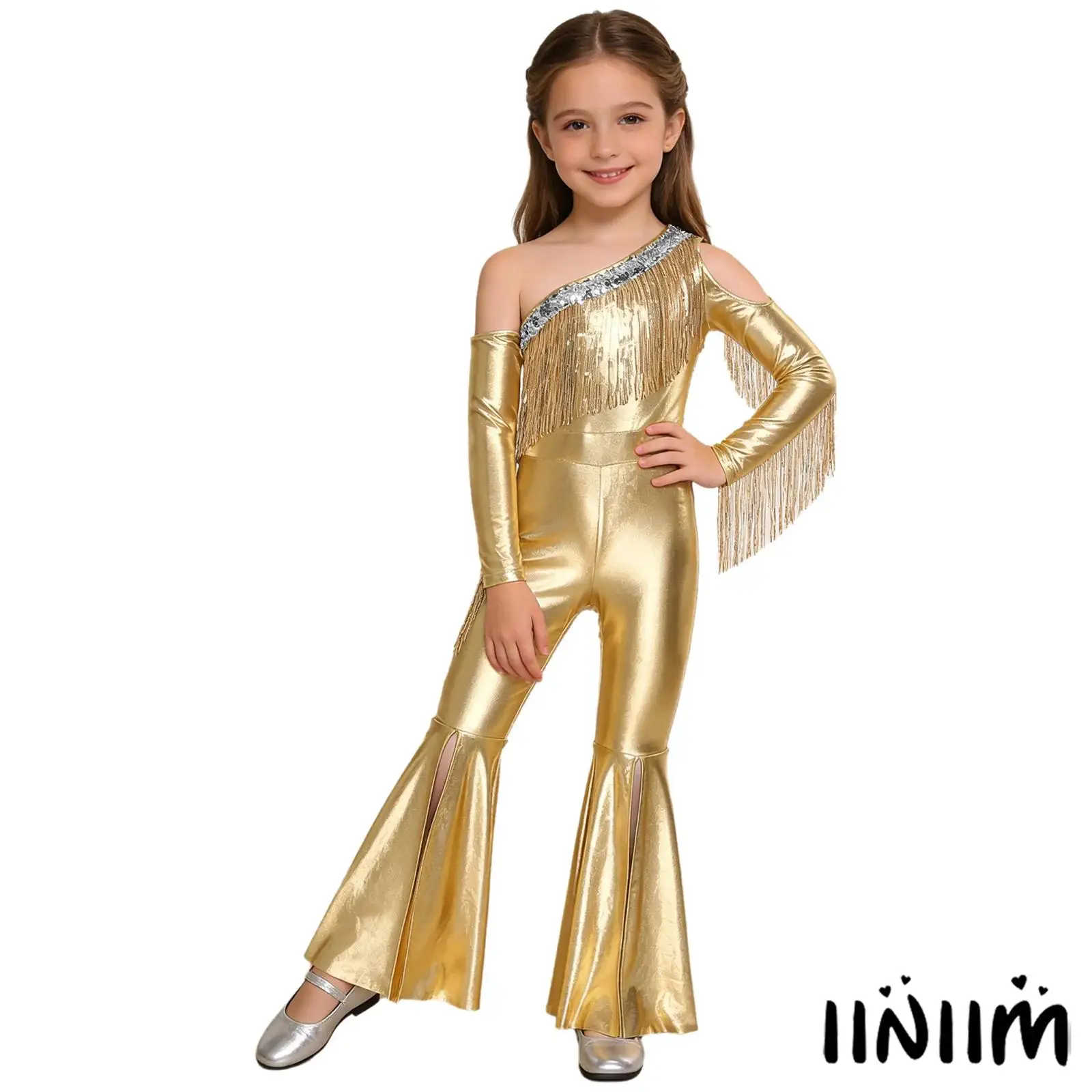 

Детские комбинезоны для вечеринок в стиле джаз-дискотека для девочек, блестящий комбинезон с длинными рукавами и кисточками, расклешенный низ, металлический блестящий комбинезон, уличная одежда
